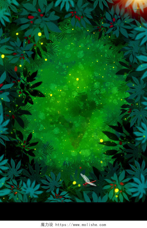 中国传统节日绿色树叶24节气小暑海报背景